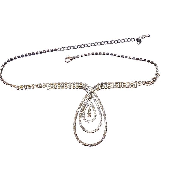 Rhinestone Bling Ripple Necklace Stud Dangle Earrings Set Oval Pendant Statement - Picture 6 of 10